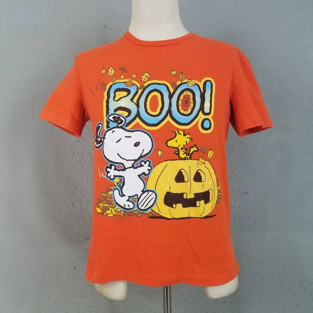Peanuts T-Shirt Mens Small Orange Snoopy Woodstock Halloween Boo Pumpkin Graphic